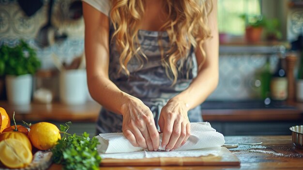 Foto close-up di una donna che usa asciugamani di carta in cucina