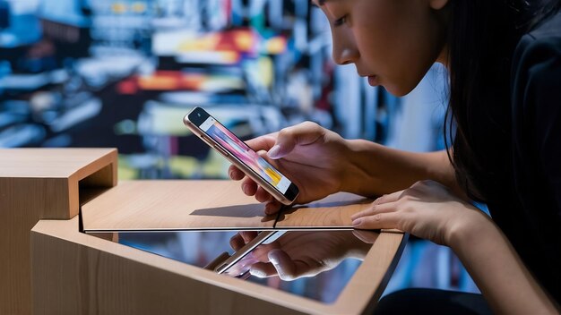 Closeup of woman using smartphone at table