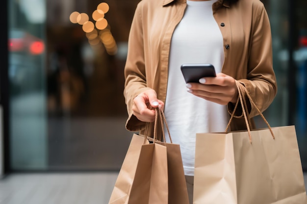 Primo piano di una donna che usa uno smartphone con una borsa della spesa in mano