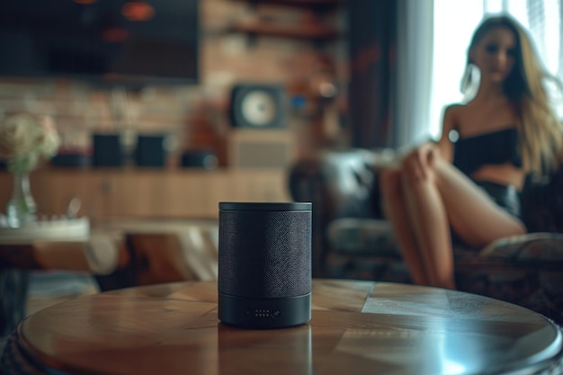 Photo closeup of woman using wireless speaker while dancing