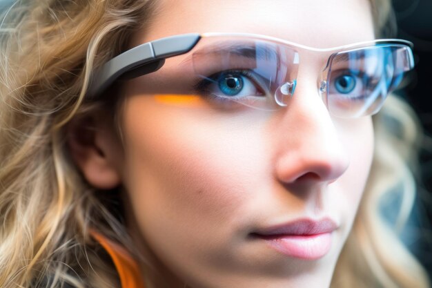 Closeup of a woman wearing google glass and showing a vr device created with generative ai