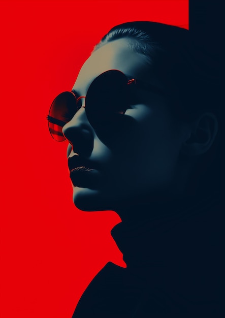 Closeup woman wearing sunglasses red background favorite dual tone lighting blue amazingly composed