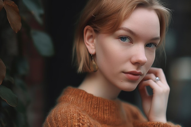 Closeup of a woman wearing a sweater over her shoulders created with generative ai