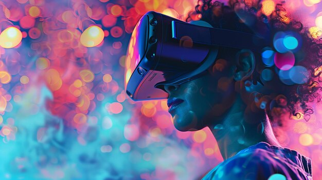 Closeup of a woman wearing a VR headset with colorful bokeh lights in background Virtual reality