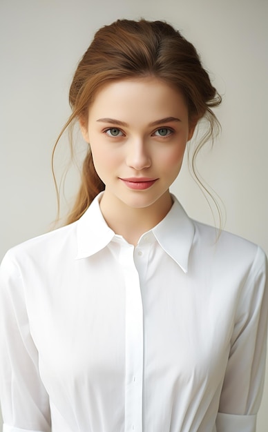 Premium Ai Image Closeup Woman White Shirt Posing Pale Makeup Russian