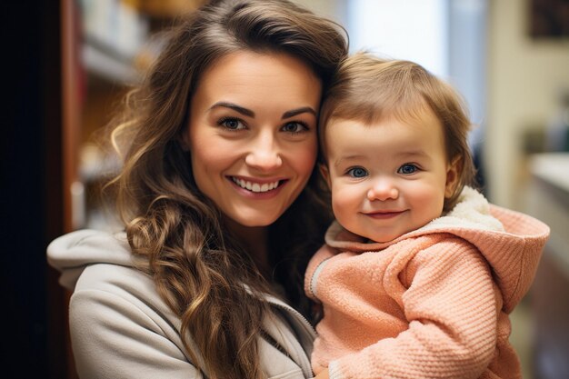 Photo closeup of a woman with a child being treated in a hospital