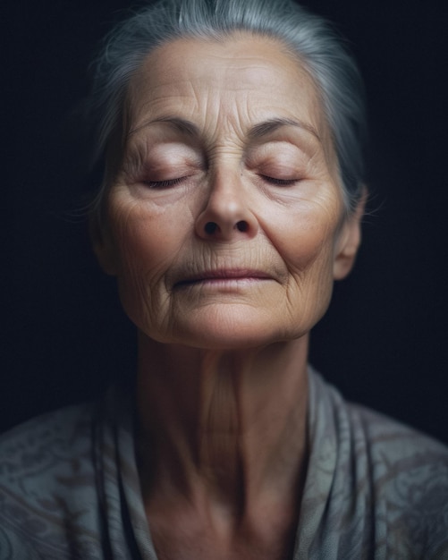 Foto close-up di una donna con gli occhi chiusi che esprime gratitudine generata dall'ai