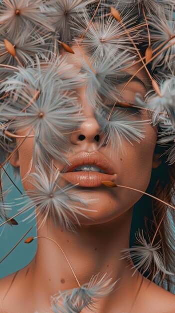 Closeup of a woman with feathers covering her entire face resembling a giant dandelion