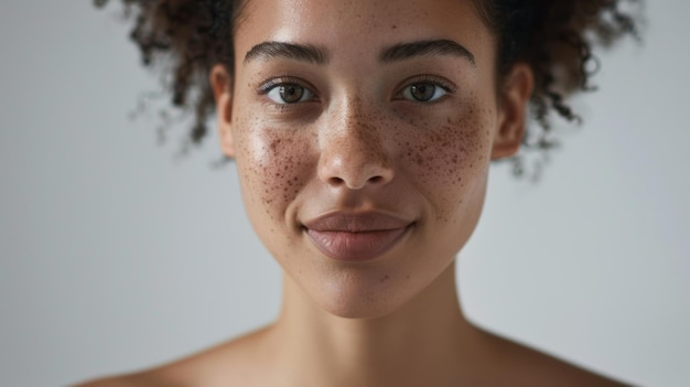 Photo closeup of a woman with freckles smiling lightly radiating natural confidence