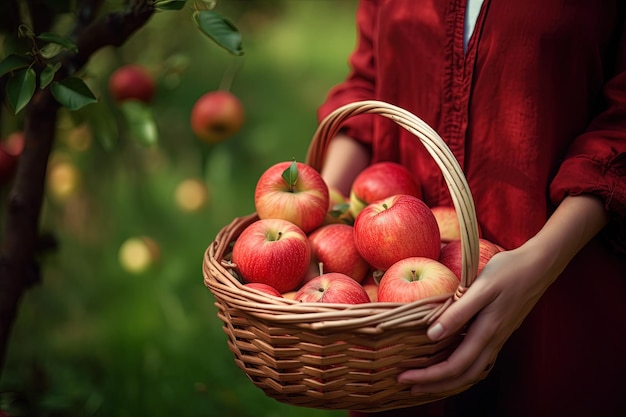 Крупный план женщины с руками, держащими плетеную корзину, полную красного яблока, спелых свежих органических овощей