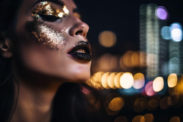 Foto primo piano di una donna con rossetto metallico e un paesaggio urbano notturno sfocato sullo sfondo