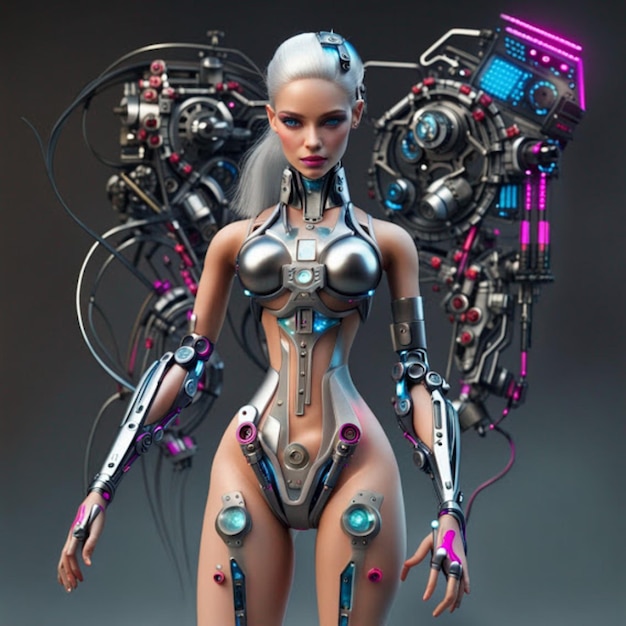 a closeup of a woman with pink hair and a robot suit