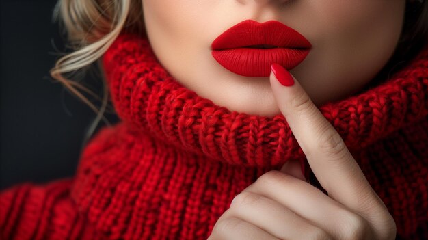 CloseUp of Woman With Red Lips Wearing Turtleneck Sweater