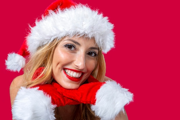 Closeup of woman with Santa Claus hat