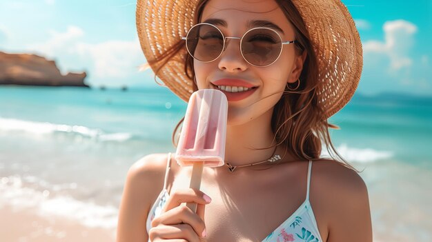 Closeup woman with sunglasses eating a popsicle looking at the camera on a beach in summer vacation