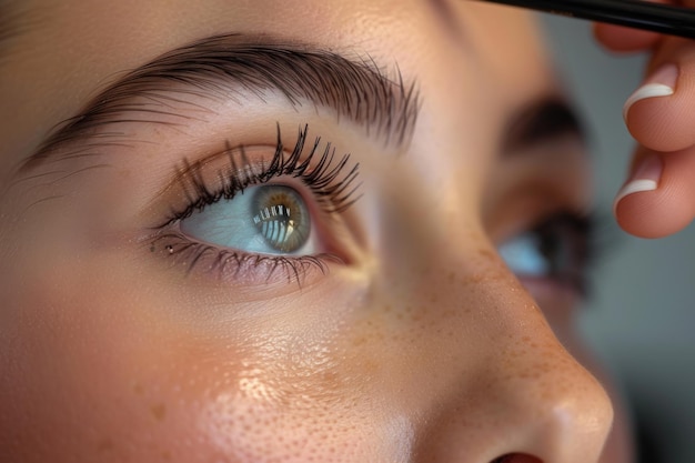 女性の目を精密な眉毛メイクアップアプリで強化する クローズアップ