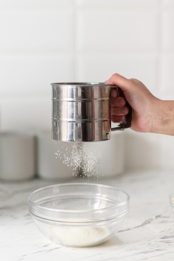 Closeup of a woman39s hands sifting flour through a flour sifter