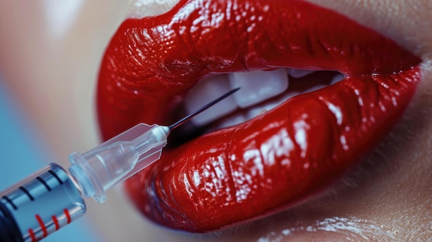 closeup of a woman39s lips with a syringe in her mouth this image can be used to illustrate topics related to addiction drug abuse healthcare or medical procedures