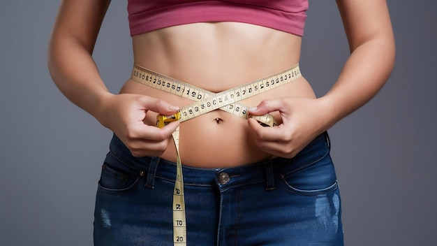 Closeup of womans abdomen and measure tape on waistline