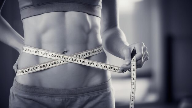Closeup of womans abdomen and measure tape on waistline