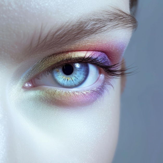 Closeup of a womans blue eye with colorful eyeshadow