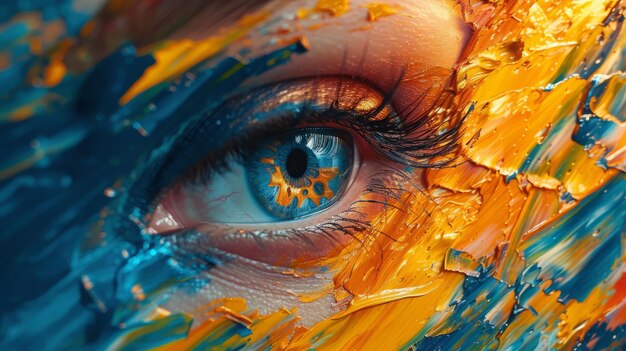 Closeup of a womans blue eye with yellow and blue oil paint on her face