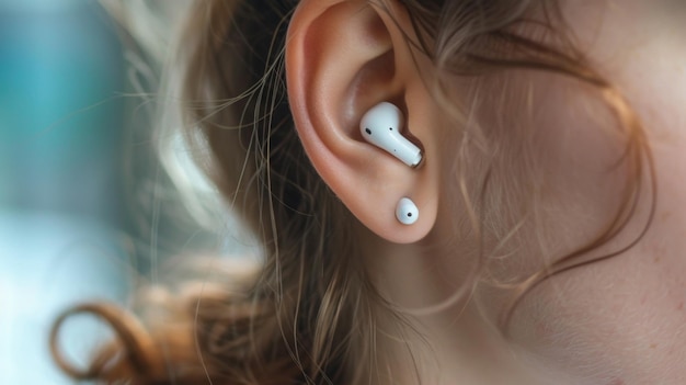 A closeup of a womans ear with tiny wireless earbuds inserted the earbuds are connected to a mobile