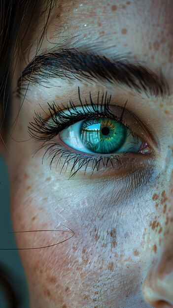 Closeup of a womans electric blue eye with freckles