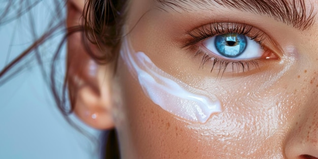 Photo closeup of womans eye with cream beauty skincare concept