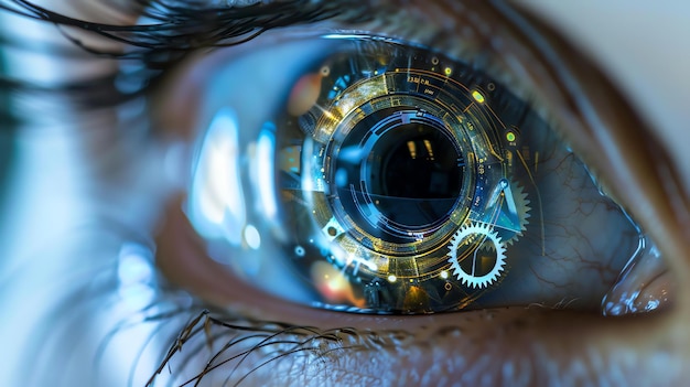 Foto un primo piano di un occhio femminile con un impianto di lente futuristico la lente è fatta di un materiale trasparente e ha una lucentezza metallica