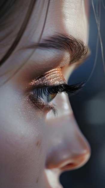 금색 아이라이너 를 착용 한 여자 의 눈 의 클로즈업