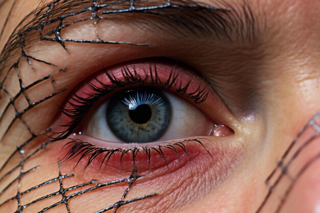 Photo closeup of a womans eye with spider net on it