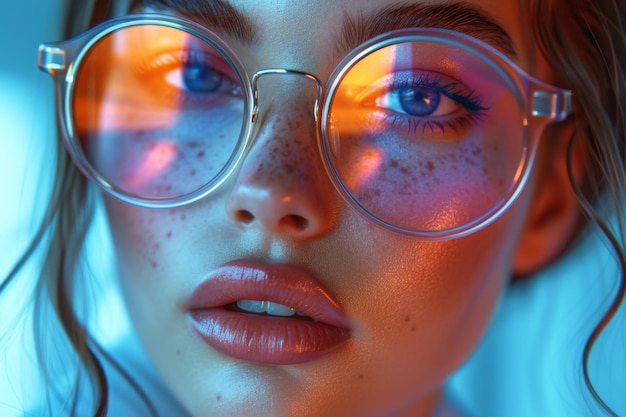 Photo closeup of a womans face in trendy orange large sunglasses