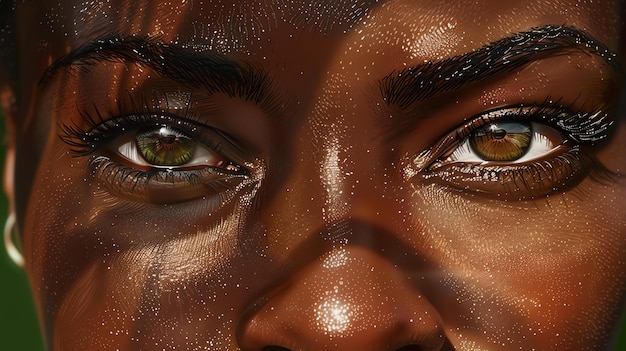 Closeup of a womans face with beautiful eyes The woman has flawless skin and her eyes are a deep brown color