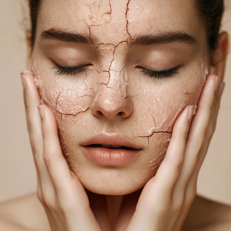 Photo closeup of a womans face with cracked skin