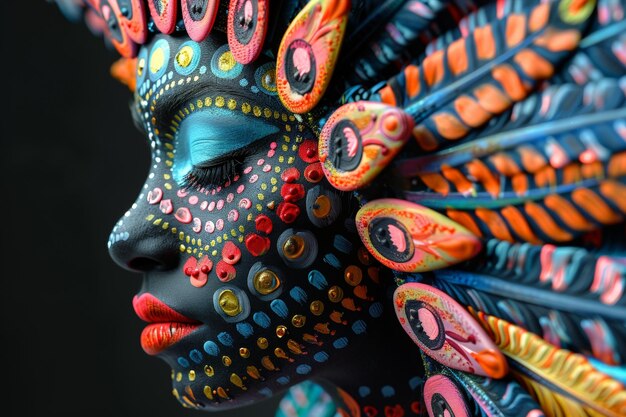 Photo closeup of womans face with feathers