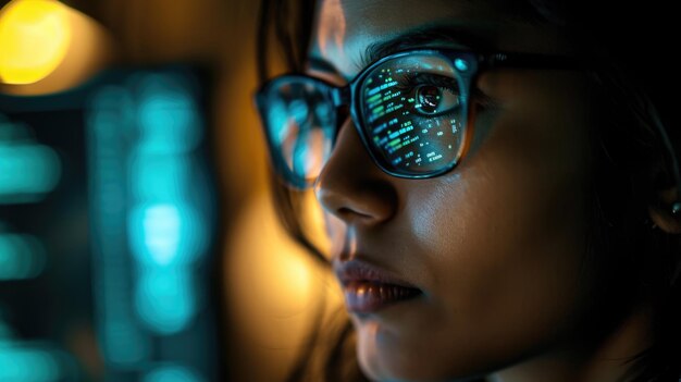 Closeup of a womans face with a focus on her eyes which reflect a computer screen displaying data or code