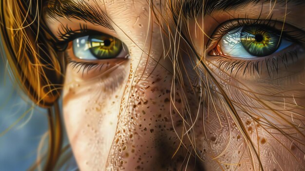 Closeup of a womans face with green eyes freckles and wet hair The woman is looking at the camera with a serious expression