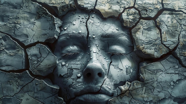 Photo a closeup of a womans face with her eyes closed her face is covered in cracks and appears to be made of stone