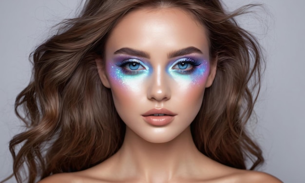 Photo closeup of womans face with holographic makeup