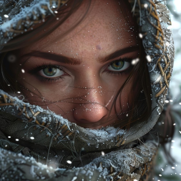 Closeup of a Womans Face with Snowflakes