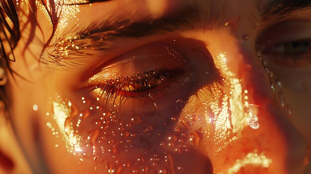 A closeup of a womans face with water droplets on her skin The womans eye is open and her eyelashes are wet