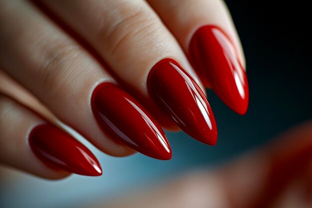 스파 살롱에서 밝은 빨간색 매니큐어를 가진 여성의 손가락의 클로즈업