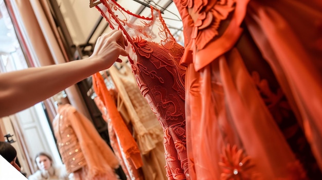 Closeup of womans hand choosing red lace dress in store