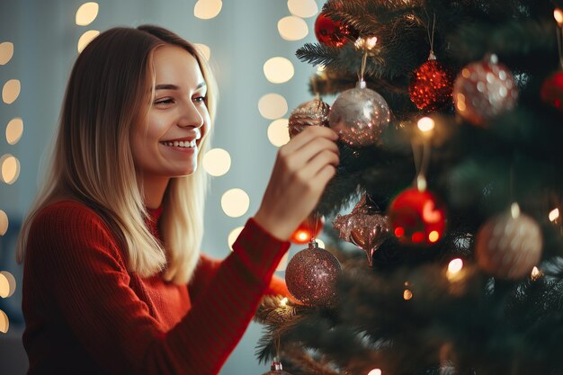 Closeup of womans hand holding christmas bauble on christmas tree