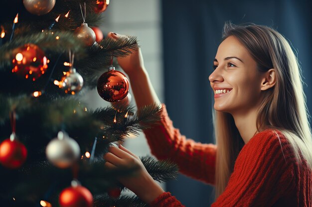 Foto close-up di una donna con la mano che tiene un gioiello di natale sull'albero di natale