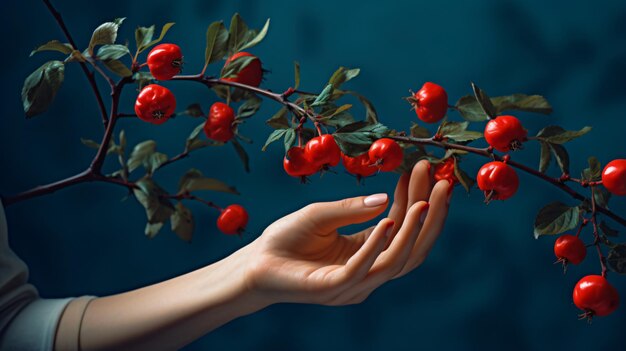 closeup of Womans hand holding a osehip branch aabbcbaa