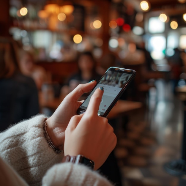 Closeup of a womans hand holding a smartphone in a coffee shop