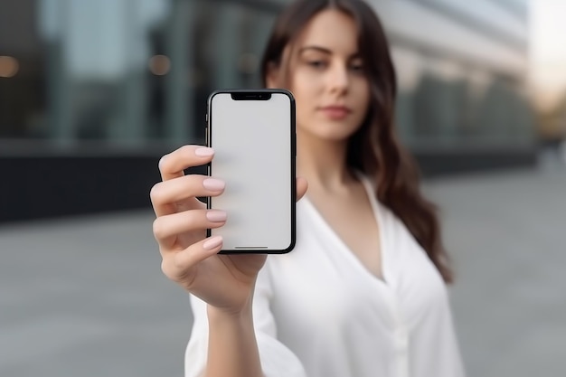 Closeup womans hand holding smartphone with empty screen mockup