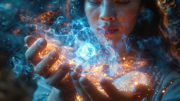 Closeup of womans hands holding glowing sphere in her hands